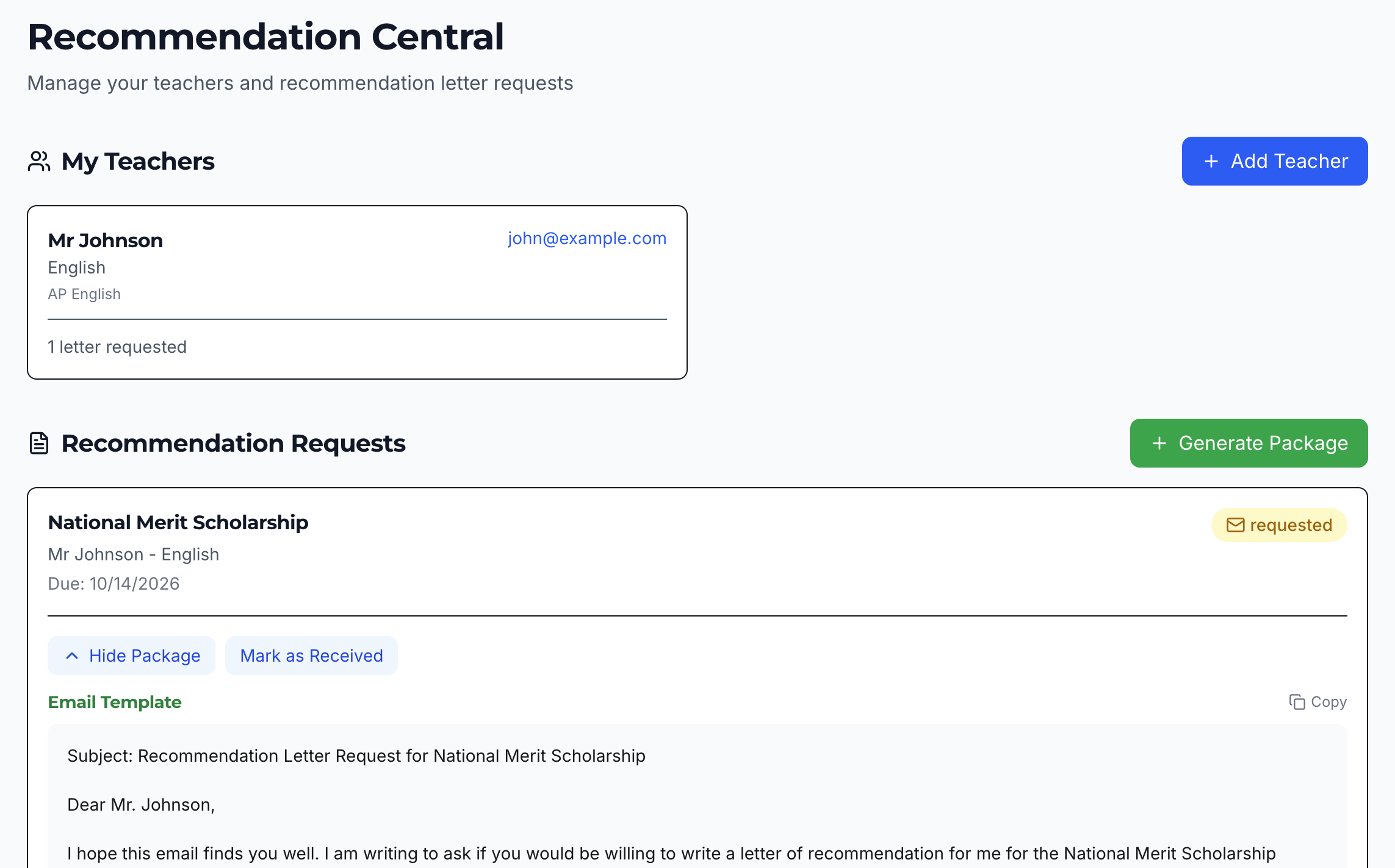Recommendation Letters screenshot